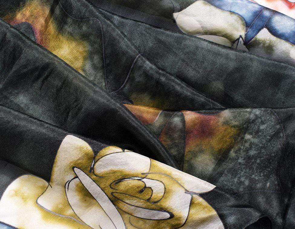 Long Hand Painted Silk Scarf - Monochrome Flowers