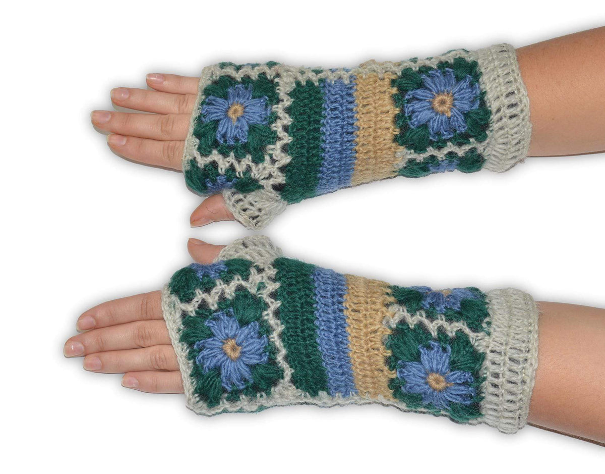 Women's Crochet Wool Fingerless Gloves for Winter, Nepalese Glove Flower Box