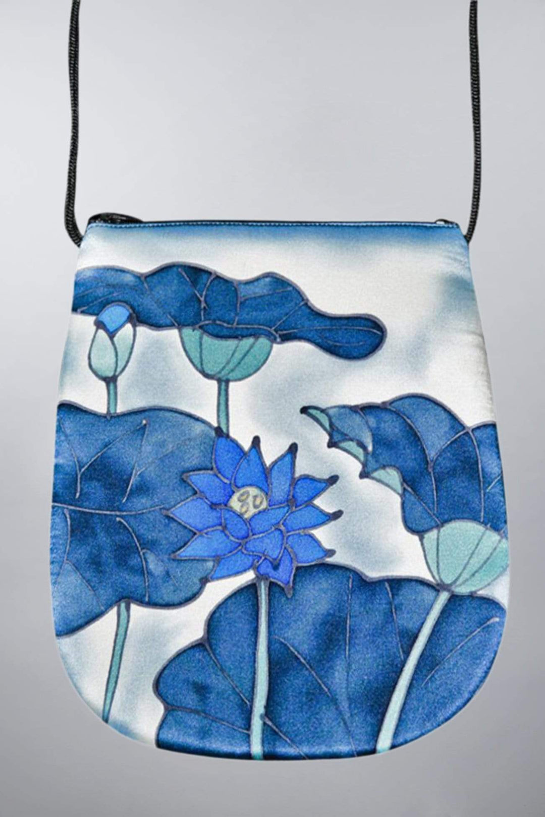Hand Painted 100% Silk Bag; Oval Evening Purse - Blue Lotus Design