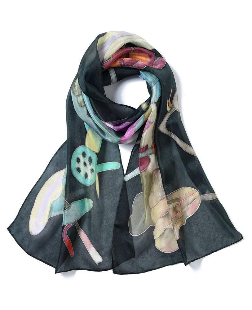 Invisible World Silk Scarves Long Hand Painted Silk Scarf - Black Lotus