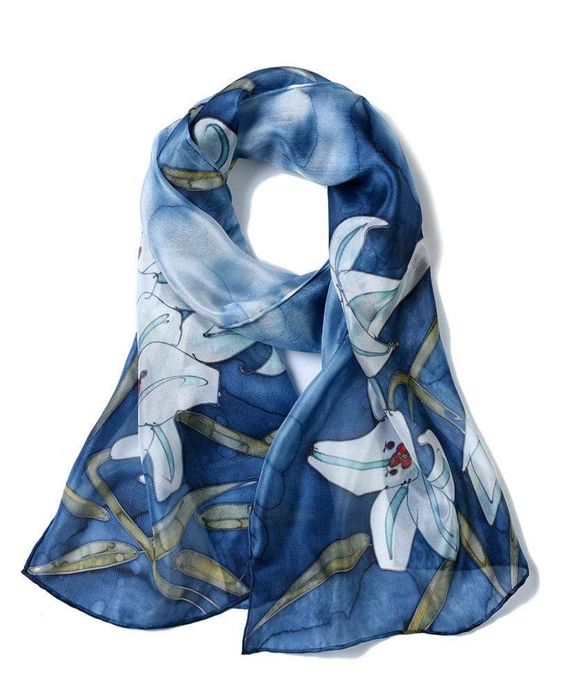 Invisible World Silk Scarves Long Hand Painted Silk Scarf - Blue Lilly