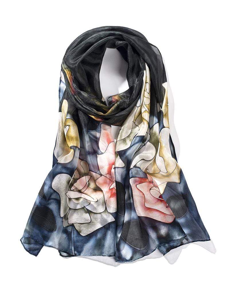 Long Hand Painted Silk Scarf - Monochrome Flowers