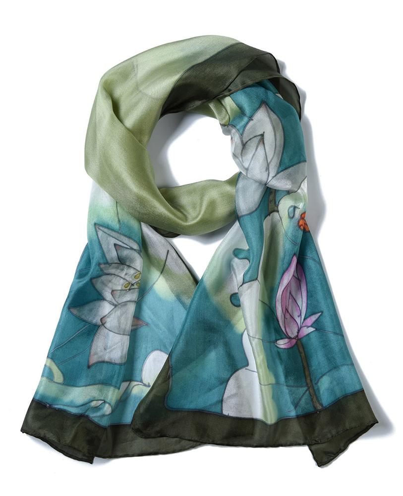 Invisible World Silk Scarves Long Hand Painted Silk Scarf - Lotus Dragonfly