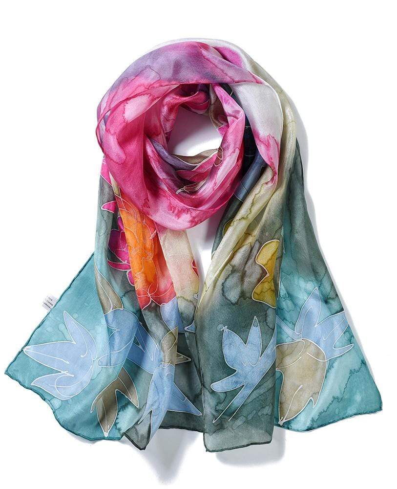 Hand painted silk scarf. Pink floral silk scarf. Painted silk