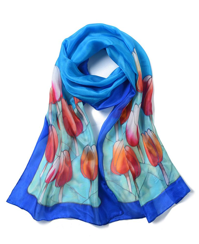 Invisible World Silk Scarves Long Hand Painted Silk Scarf - Tulips