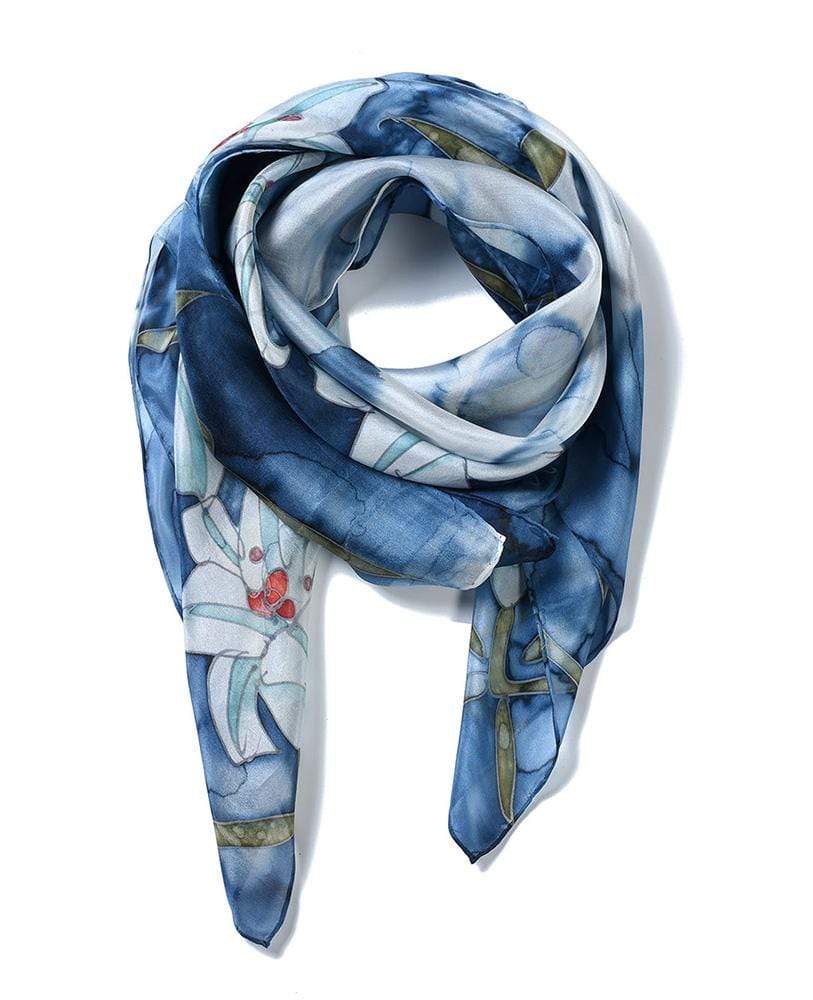 Invisible World Silk Scarves Square Hand Painted Silk Scarf - Blue Lilly