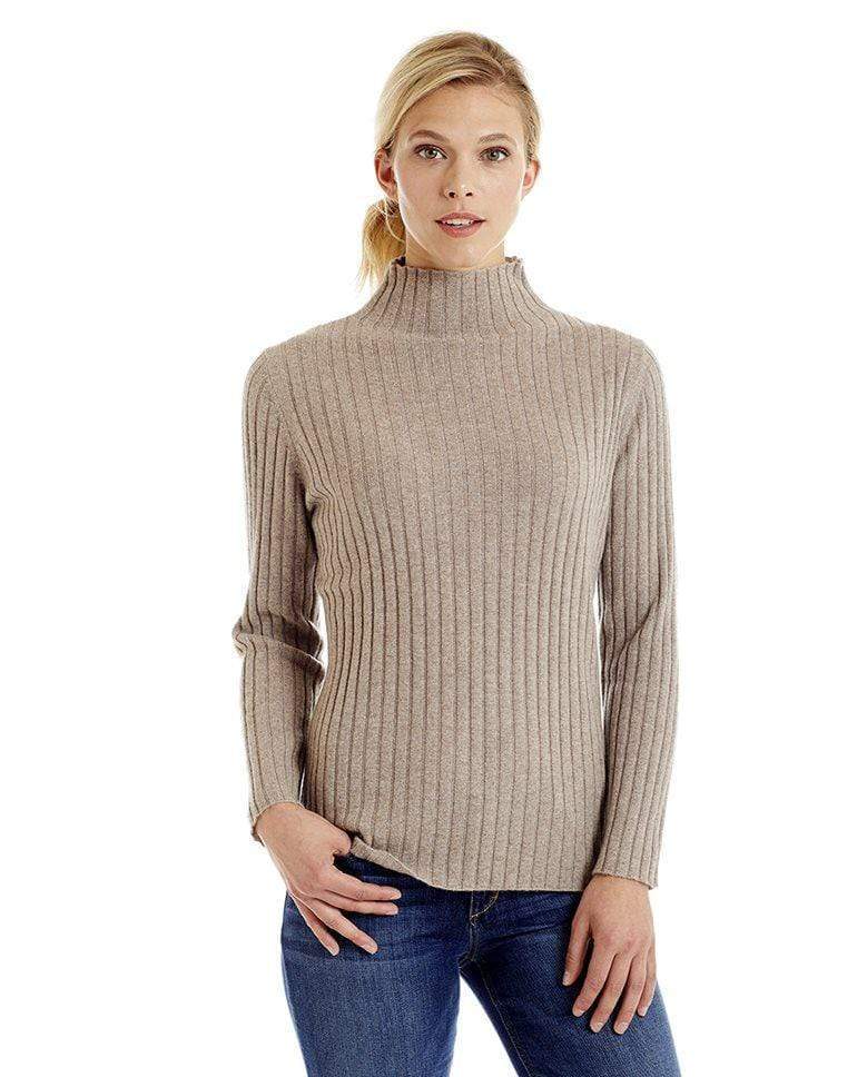 Women's Ribbed Mock Turtleneck Cashmere Sweater - Camel Ivory Navy –  Invisible World US