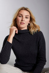 Women's Ribbed Mock Turtleneck Cashmere Sweater - Camel Ivory Navy